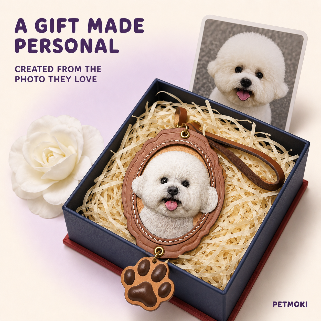 Custom Bow & Paw 3D Leather Pet Portrait Keepsake