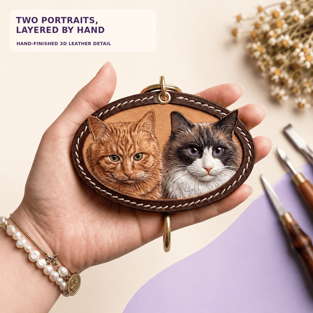 Custom Two-Pet 3D Leather Portrait Keepsake