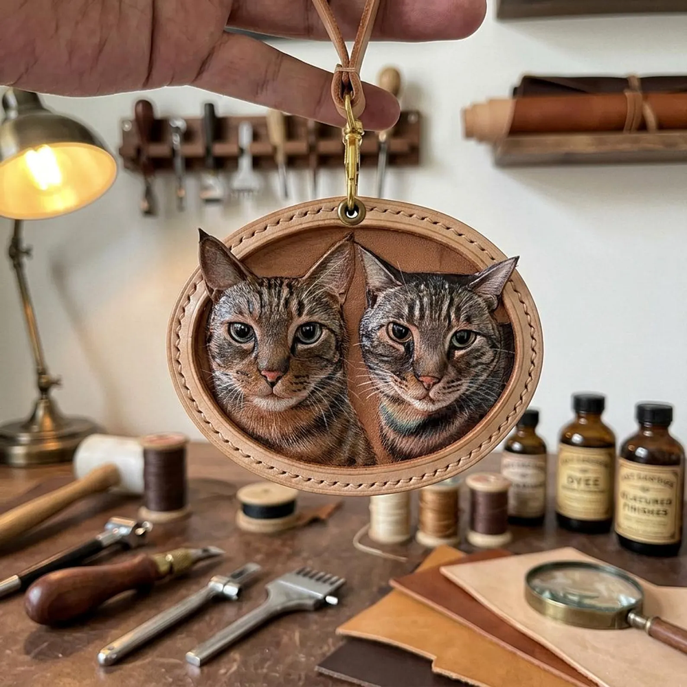 Custom two-pet Pet Portrait Keepsake shown in hand