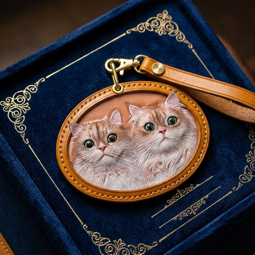 Layered two-pet artwork with a stitched leather frame