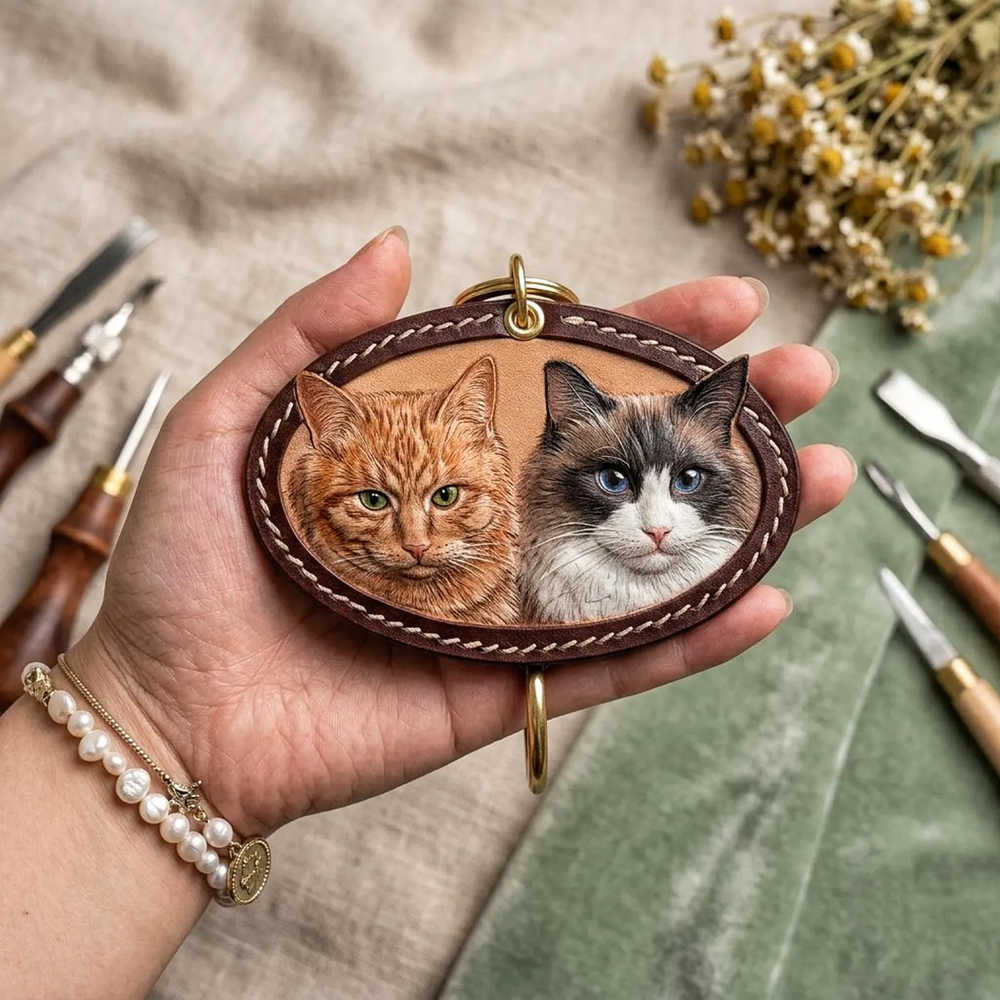 Custom two-pet 3D leather Pet Portrait Keepsake made from two photos