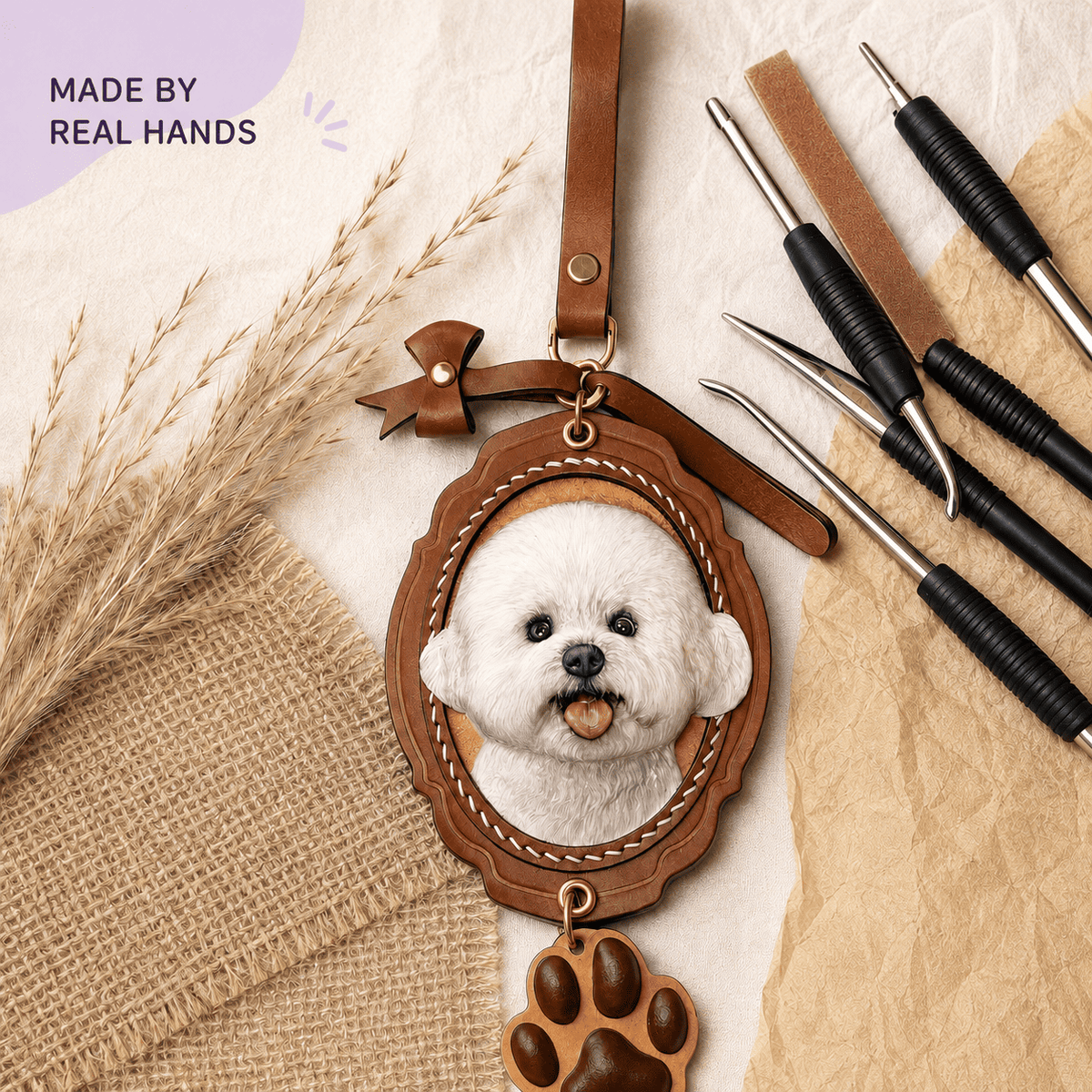 Custom Bow & Paw 3D Leather Pet Portrait Keepsake